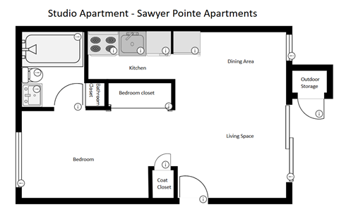A floor plan of a studio apartment with a kitchen, dining area, living space, and bathroom.
